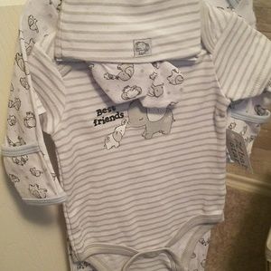 Newborn elephant onesie, layette, hat and gloves
